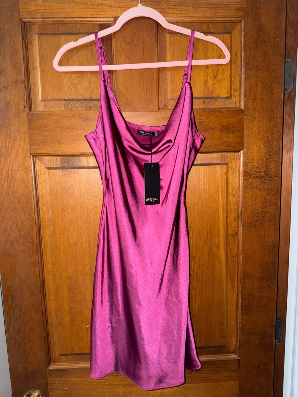 Nasty Gal Magenta Satin Cowl-Neck Slip Mini Dress NWT